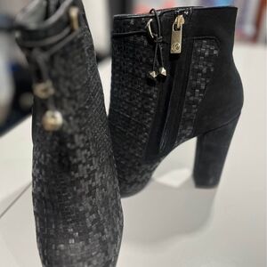 Textured Black Woven Ankle Bootie with Gold-Tone Accents